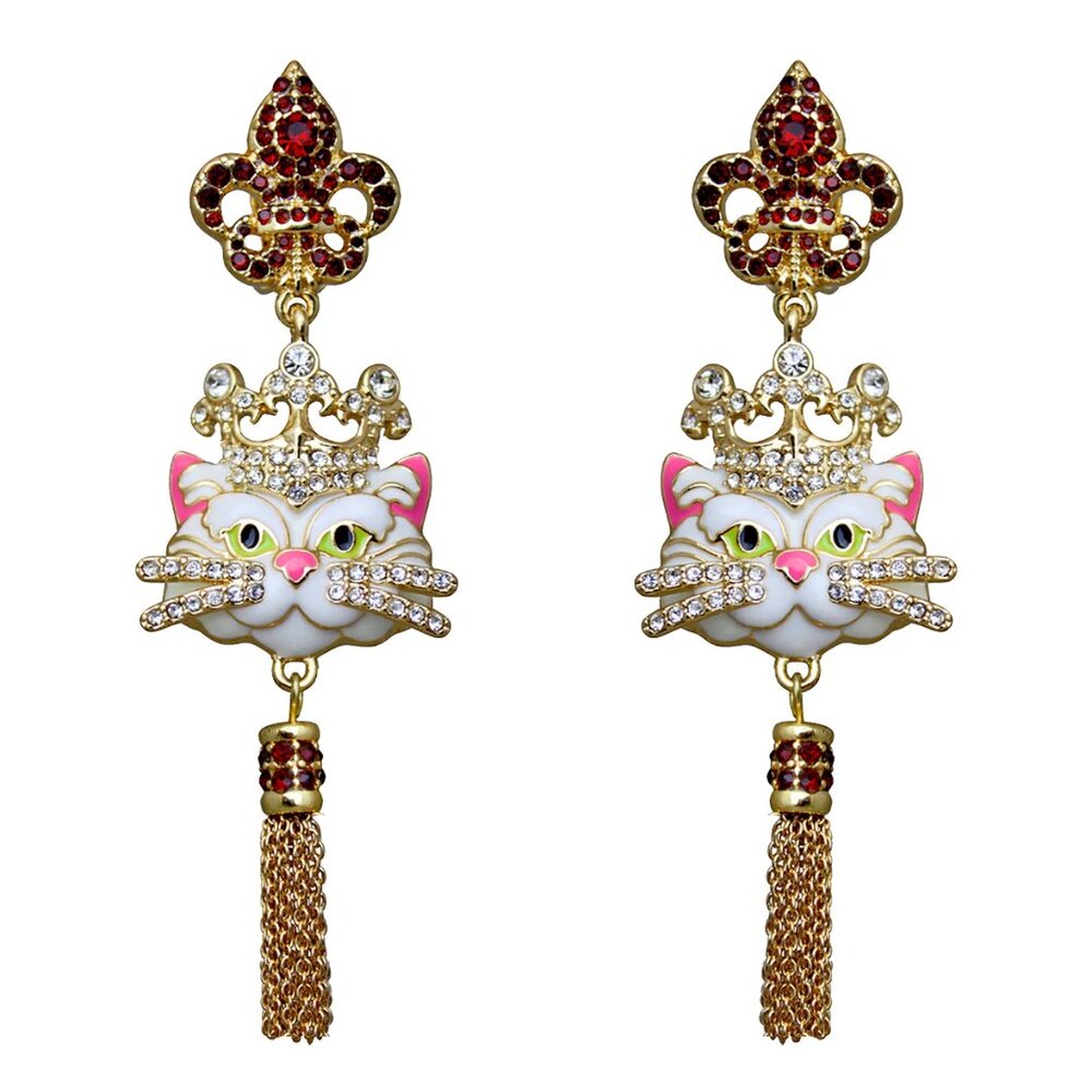 Ritzy Couture Princess Kitty Royal Crown White Cat Enamel Tassel Earrings